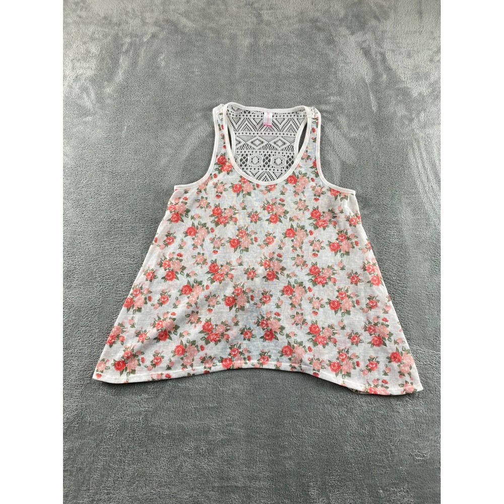 No Boundaries Womens Floral Lace Back Racerback Tank Top White Pink Rose Small S